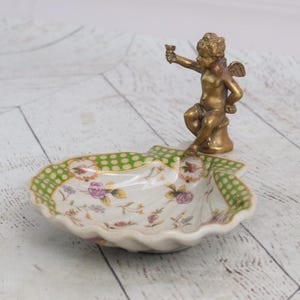 Soap Dish Porcelain - Vintage Plateau Porcelain with Bronze Angel - Art Nouveau Porcelain - Flowers Ornaments - Vintage Gift