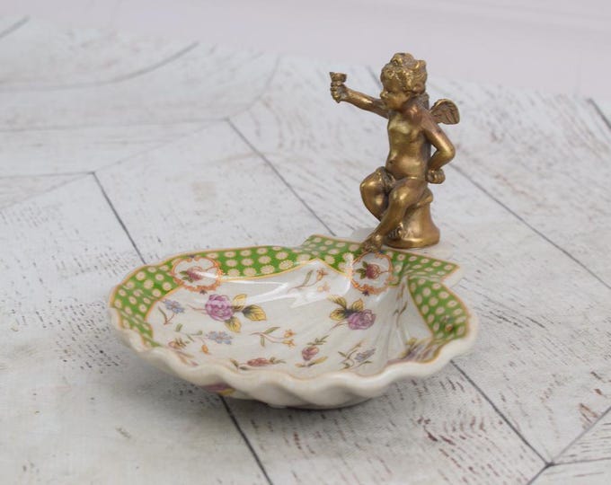 Soap Dish Porcelain - Vintage Plateau Porcelain with Bronze Angel - Art Nouveau Porcelain - Flowers Ornaments - Vintage Gift