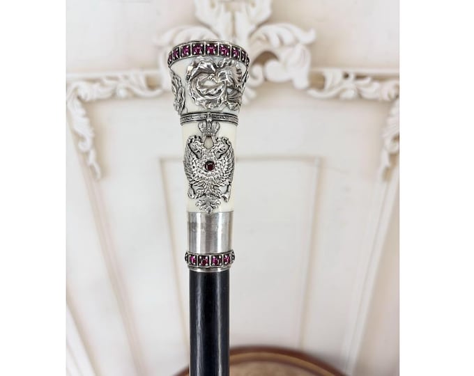 Russian 84 Silver Walking Stick – Imperial Eagle, Nicholas II Portrait Cane