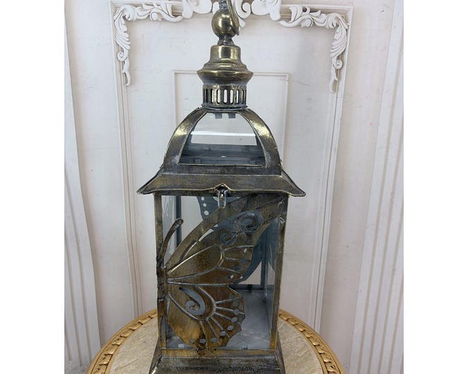 Vintage Metal Butterfly Lantern - Decorative Glass Candle Lantern - Antique Look Garden & Home Decor