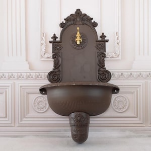 Vintage Brown Aluminum Wall Fountain with Brass Faucet Tap - Wall Art Decor - Patio &  Wall Ornament Outdoor - Housewarming Gift Idea
