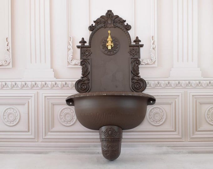 Vintage Brown Aluminum Wall Fountain with Brass Faucet Tap - Wall Art Decor - Patio &  Wall Ornament Outdoor - Housewarming Gift Idea