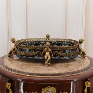 Vintage Black Porcelain Fruit Bowl with Bronze | 4 Boys Holding Centerpiece | Unique Handcrafted Decorative Pedestal Dish - Home Decor