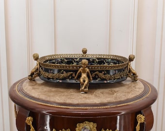 Vintage Black Porcelain Fruit Bowl: Bronze Boys Pedestal Centerpiece