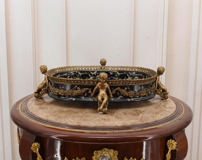Vintage Black Porcelain Fruit Bowl with Bronze | 4 Boys Holding Centerpiece | Unique Handcrafted Decorative Pedestal Dish - Home Decor