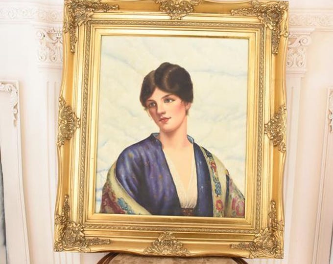 Vintage Oil Painting Girl Kimono – Classical Female Portrait, Gold Frame Wall Art