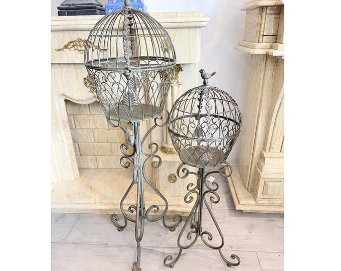 Set of Two Metal Birdcage Plant Stands – Vintage Garden Flower Holders
