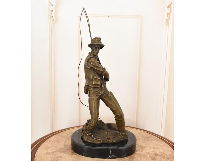 Vintage Bronze Fisherman Statue on Marble Base – Signed by Thomas