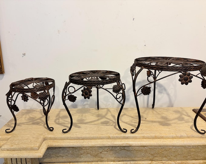 Set 3 Brown Metal Plant Stands – Vintage Floral Garden Tables, Decorative Flower Pot Holders