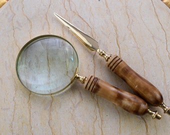 Magnifier and Letter Opener Set - Office Accessories Set of 2 Decorative Shiny Brass - Art Work Elegant Gift Idea - Home and Office Decor