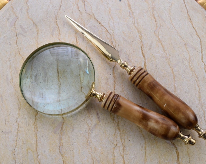 Magnifier and Letter Opener Set - Office Accessories Set of 2 Decorative Shiny Brass - Art Work Elegant Gift Idea - Home and Office Decor