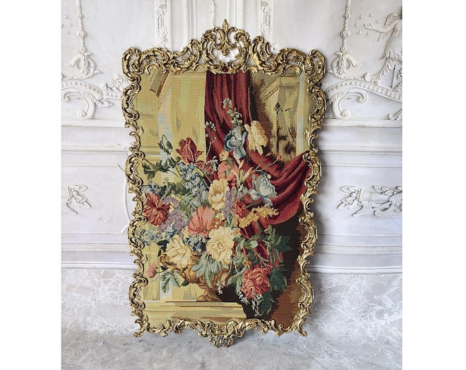 Large Vintage Floral Gobelin Tapestry – Ornate Bronze Frame Wall Art