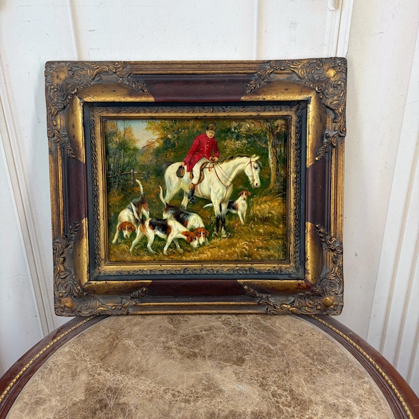 Jäger zu Pferd Gemälde - Schöner Goldrahmen - Jagdszene - Öl auf Holz - Französische Kunst - Wanddekoration - Geschenkidee - Home Decor