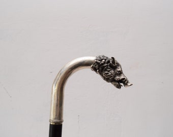 Silver Walking Stick Boar - Head Boar Silver Statue - Cane Silver - Imperial Russia Cane -  Unique Cane - Gift for Father - Red Stones