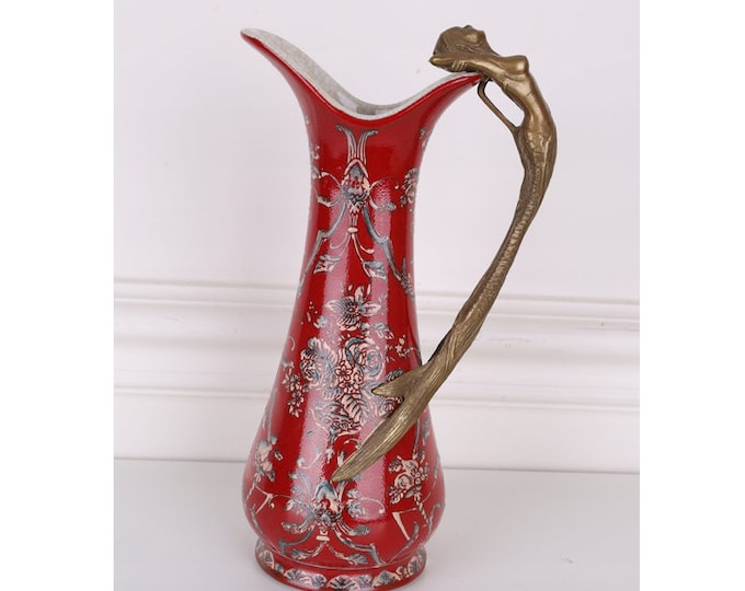 Red Porcelain Wine Jug with Bronze Handle - Porcelain Carafe - Bronze Mermaid Floral Ornaments - Art Nouveau Style - Kitchen Home Decor