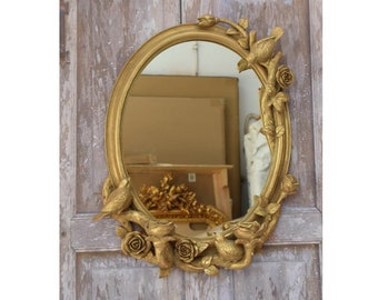 Golden Oval Mirror: Art Deco Bird Design, Home Decor (17.32x13.39 inches)