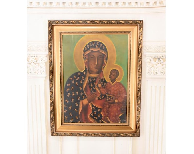 Antique Oil Painting on Canvas – Our Lady of Częstochowa – Hand-Painted Sacred Religious