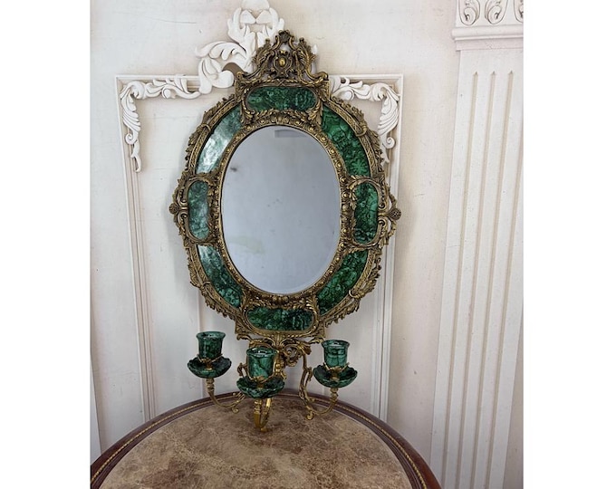 Signed French Emerald Porcelain Mirror with Three Candle Holders – Bronze Crystal Wall Decor