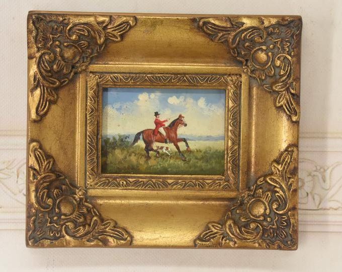 Jockey and Horse Painting – Oil on Wood in Golden Frame, French Art
