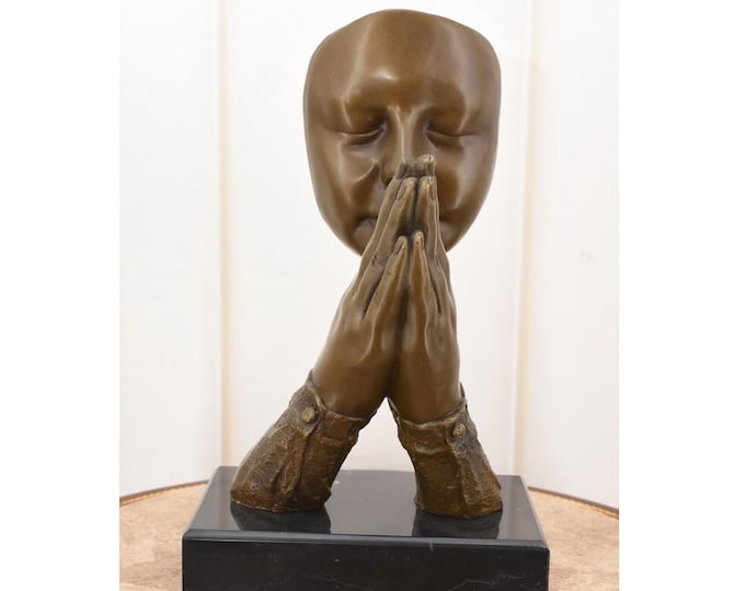 Salvador Dalí Inspired Bronze Praying Face Sculpture - Marble Base