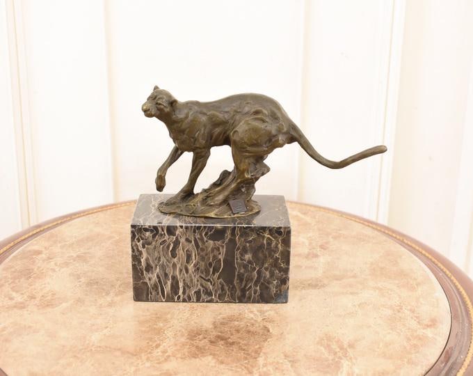 Running Panther Bronze Statue – Animal Sculpture – Signed Big Cat Figurine