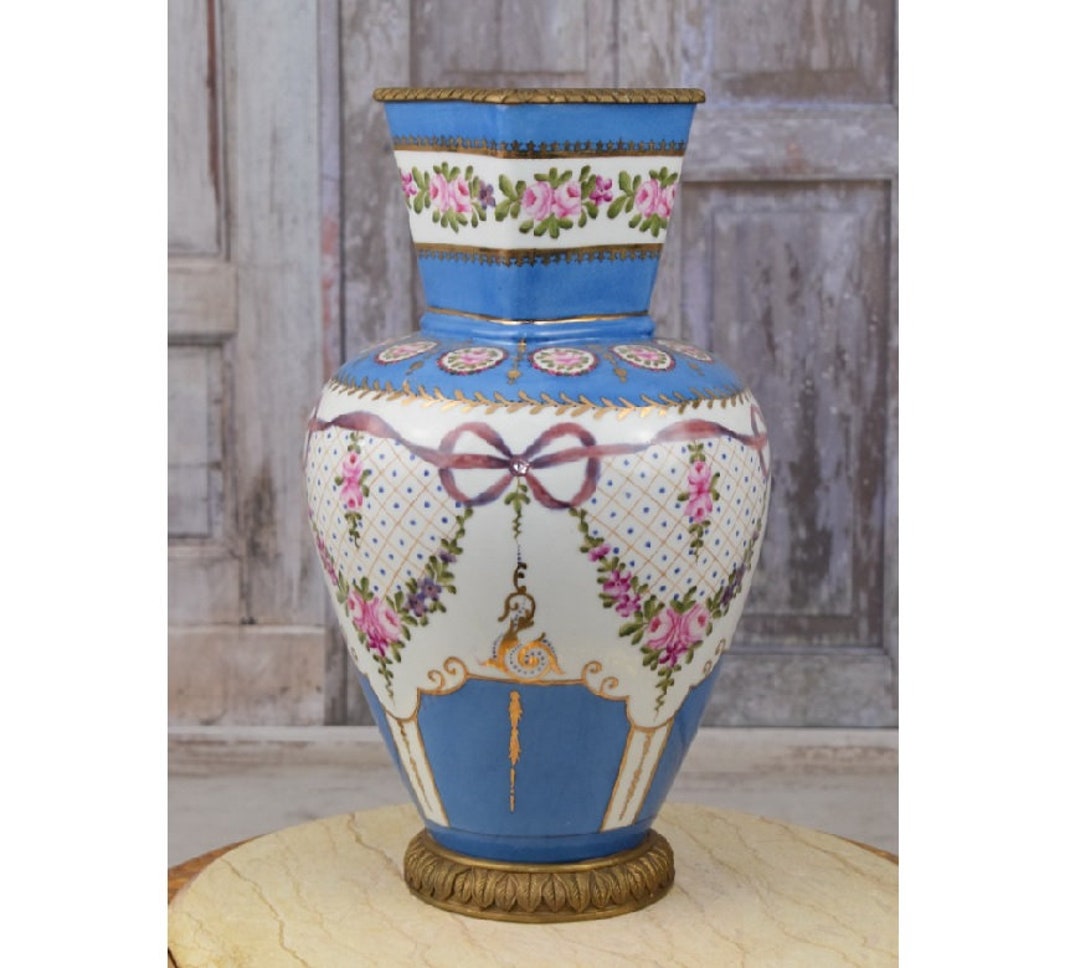 Antique Blue Porcelain Vase - Flower Pot and Bronze Ornaments - Painted ...