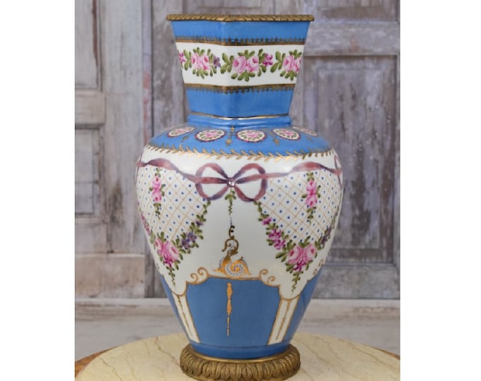 Antique Blue Porcelain Vase - Flower Pot and Bronze Ornaments - Painted Porcelain - Old Bronze Art Nouveau Vase - Home Decor - Gift Wedding