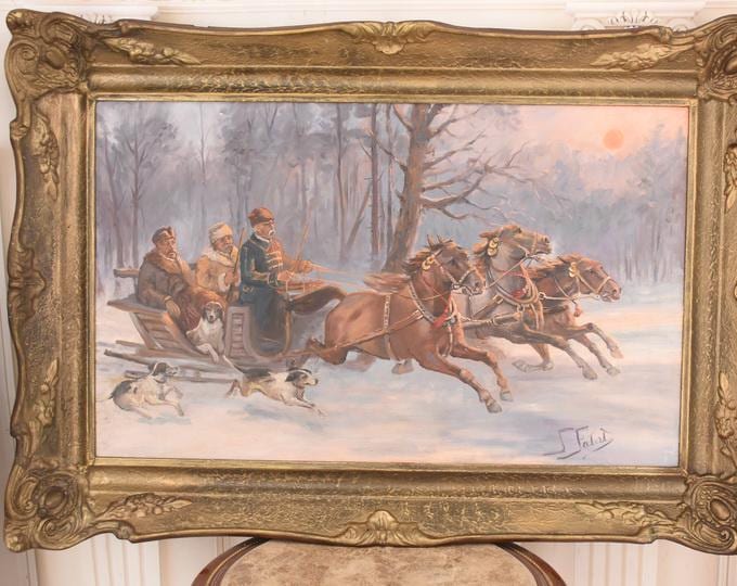 Antique J. Falat Style Hunting Scene Oil Painting – Winter Landscape, Gold Frame