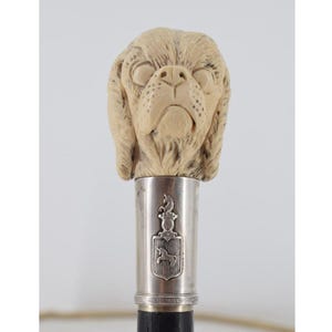 May include: A vintage walking stick with a carved dog head handle. The handle is a light beige colour, and the metal collar features a coat of arms. The stick has a black shaft.
