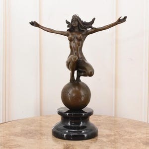Mother Earth - Woman on Globe Bronze Statue on Marble Base - Female Bronze Statue - Art Deco Sculpture - Gift Idea - Home Decor