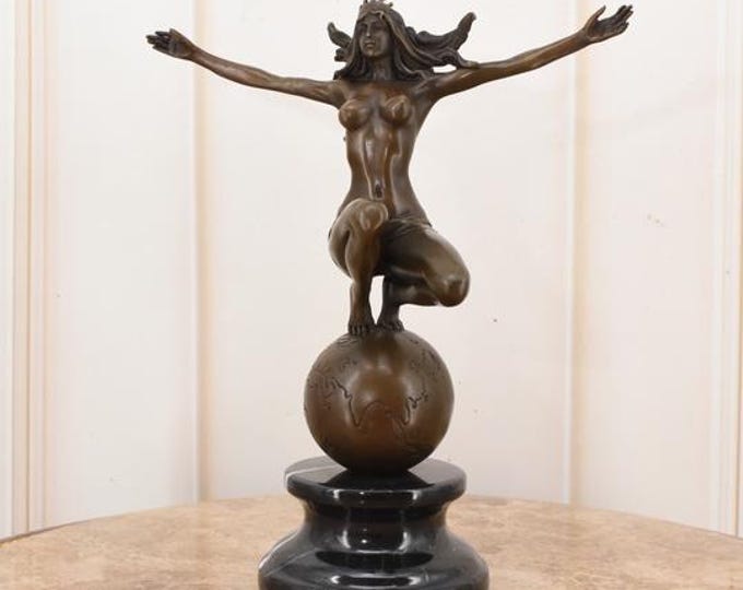 Mother Earth - Woman on Globe Bronze Statue on Marble Base - Female Bronze Statue - Art Deco Sculpture - Gift Idea - Home Decor