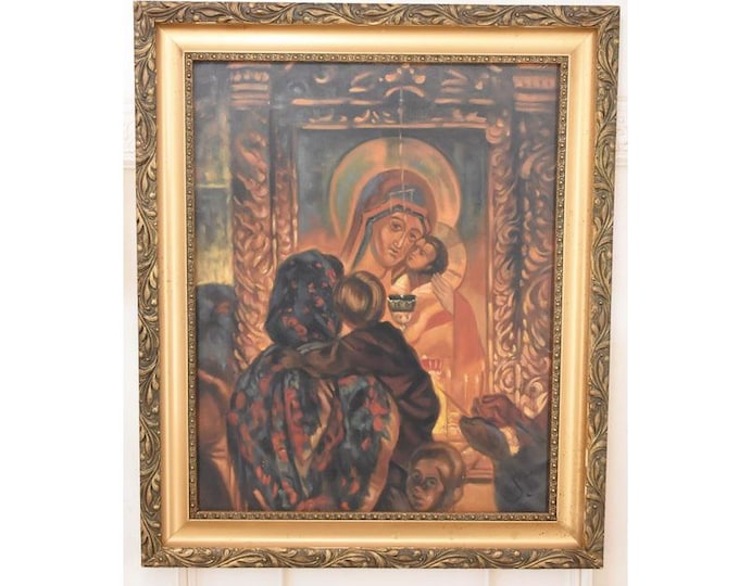 Vintage Our Lady of Czestochowa Oil Painting – Gilded Frame, Polish Religious Art