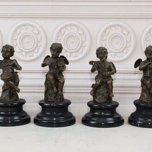 Four Bronze Playing Cherubs Statues on Marble Base - Elegant Antique Figurines - Vintage Bronze Art - Home Décor - Gift for Birthday Wedding