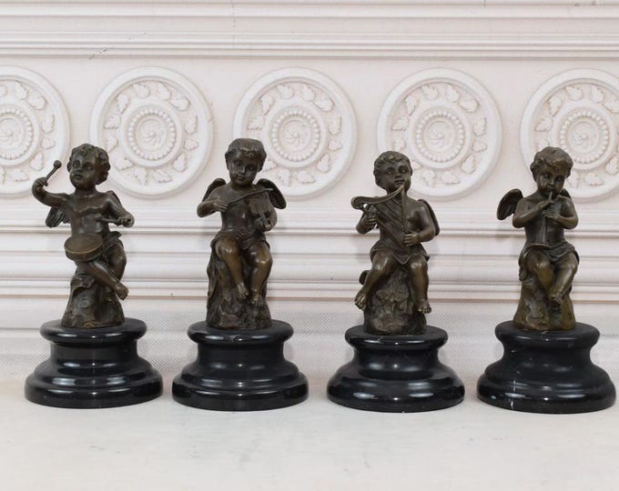 Four Bronze Playing Cherubs Statues on Marble Base - Elegant Antique Figurines - Vintage Bronze Art - Home Décor - Gift for Birthday Wedding