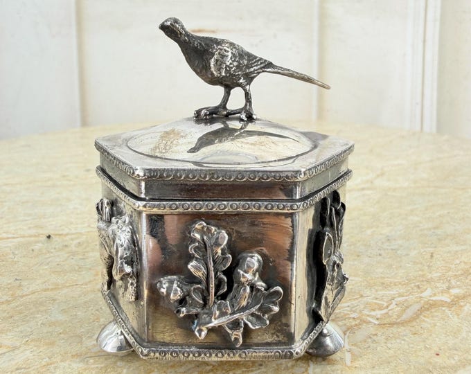 Antique Silver Box – Pheasant on Lid – Marked 84 – Rare Silver Collectible