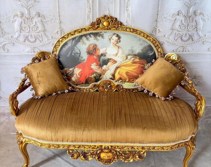 Royal Baroque Sofa - Vintage Giltwood Settee - Aristocratic Scene Upholstery - Elegant 2-Seater