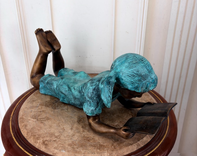 Young Girl Reading Book Bronze Statue – Schoolgirl Sculpture, Garden Decor