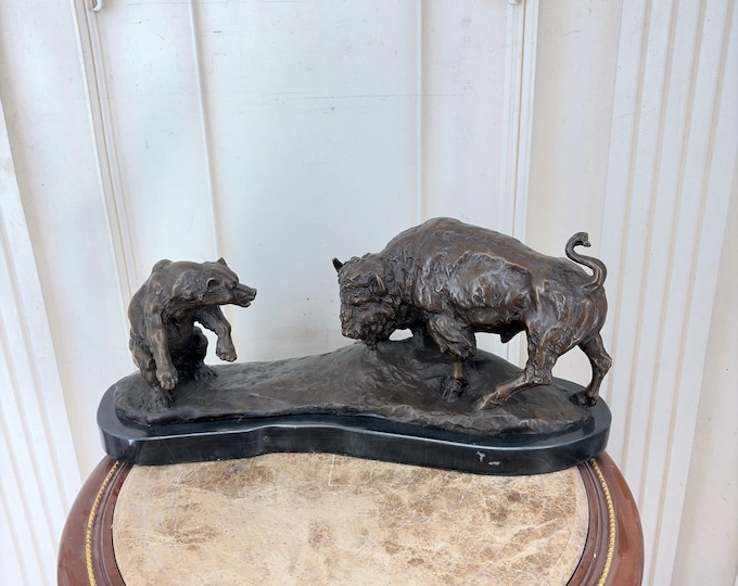 Bronze Bear Bison Fight Sculpture – French Animal Statue, Marble Base