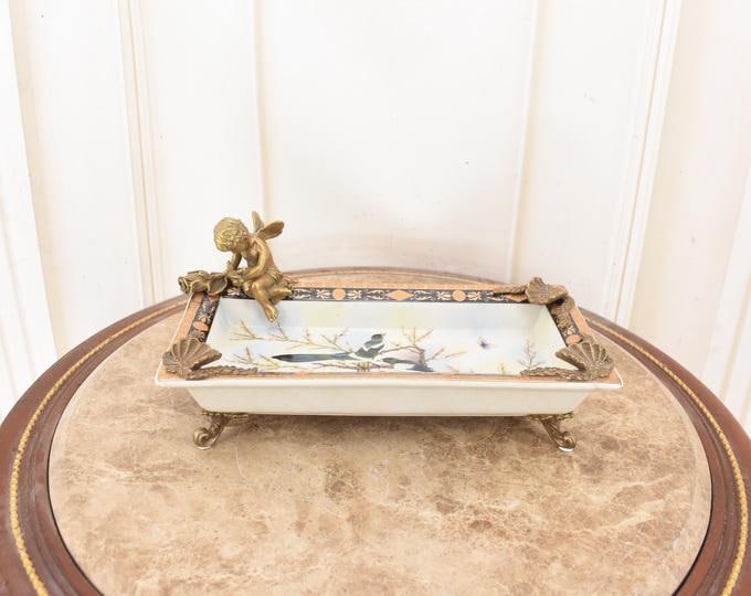 Vintage Art Nouveau Porcelain Plateau, Bronze Angel Centerpiece