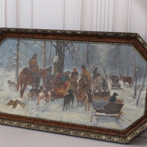 Muito grande! Pintura antiga Paisagem de inverno - Óleo antigo antigo em caixa - Expedição de caça de caçadores - Arte de parede - Decoração de parede - Decoração de casa