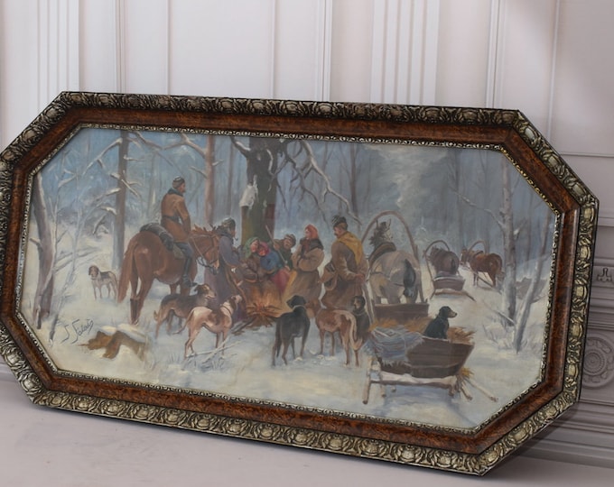 Very Large! Old Painting Winter Landscape - Antique Old Oil on Carton- Hunters' Hunting Expedition - Wall Art- Wall Decor - Home Decor
