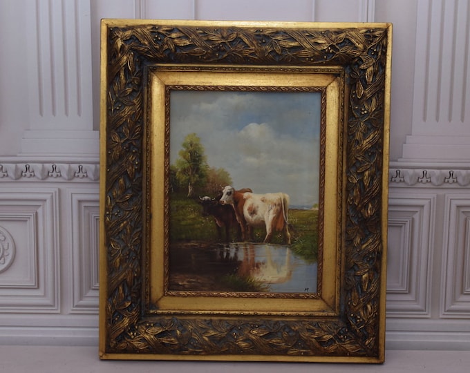Vintage Painting Cows in the Pasture - Gold Frame - French Landscape Painting Art - Old Oil on Wood - Landscape Art Wall Decor - Gift Idea