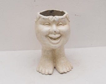 White funny flower pot cast iron Face planter Figurine Sculpture  Gift Vintage  Style  Spa