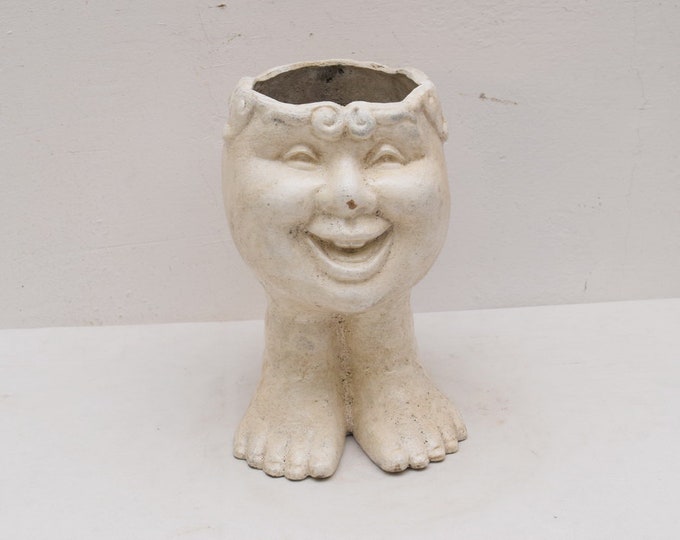 White funny flower pot cast iron Face planter Figurine Sculpture  Gift Vintage  Style  Spa