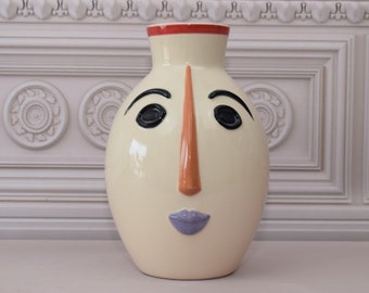 Unique Expressive Vase - Funny Face Flower Vase - Vallauris 1960 Style - Porcelain Painted Vase - Ceramic Vase - Home Decor Gift for Wedding