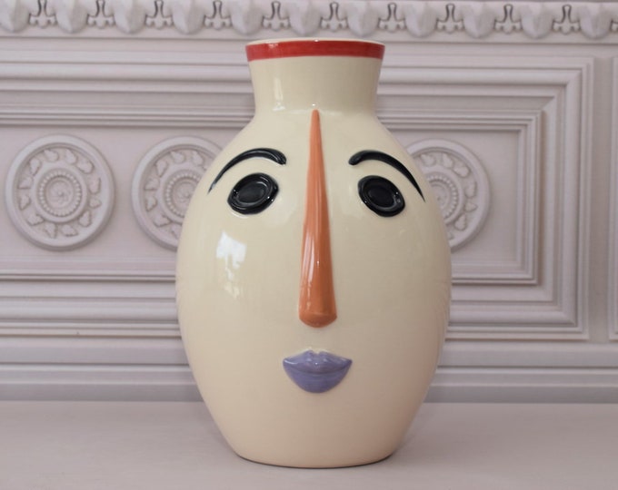 Unique Expressive Vase - Funny Face Flower Vase - Vallauris 1960 Style - Porcelain Painted Vase - Ceramic Vase - Home Decor Gift for Wedding