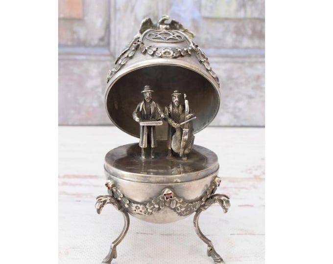 Imperial Russian Style Silver Egg - Jewish Musicians Figurine - Ruby Set Collectible Decorative Egg