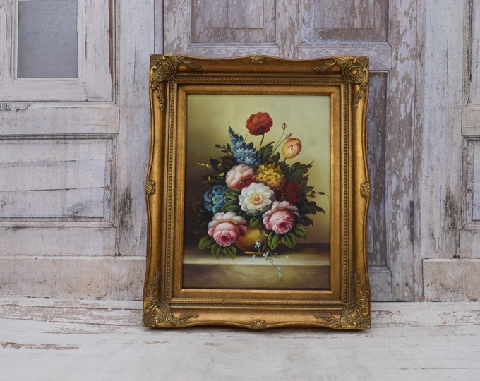 Flowers Painting in Golden Frame Oil on Canvas 54x44 - French Art - Flower Wall Decor - Luxury Gift - Wall Art - Home Decor