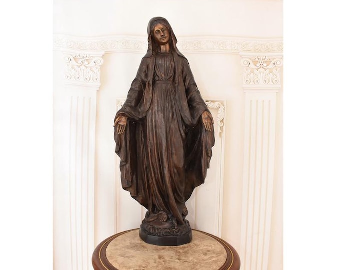 Large Bronze Madonna Statue: Mary Figurine on Bronze Base