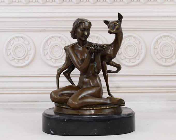 Woman with Fawn - Roe Deer Statue - Girl Sculpture on Marble Base - Bronze Vintage Figure - Foundry Mark - Gift  for Birthday - Home Decor